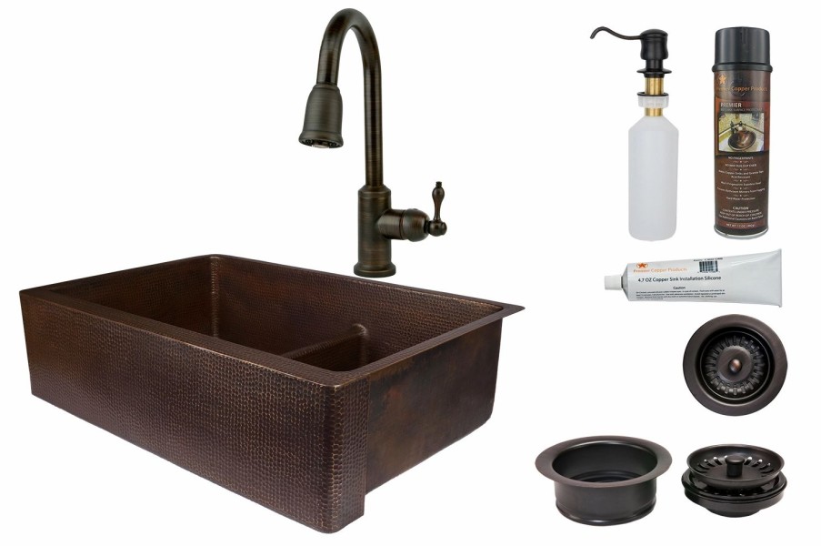 * Premier Copper Products Copper Sink With Faucet And Drain 33-In Kitchen Sinks