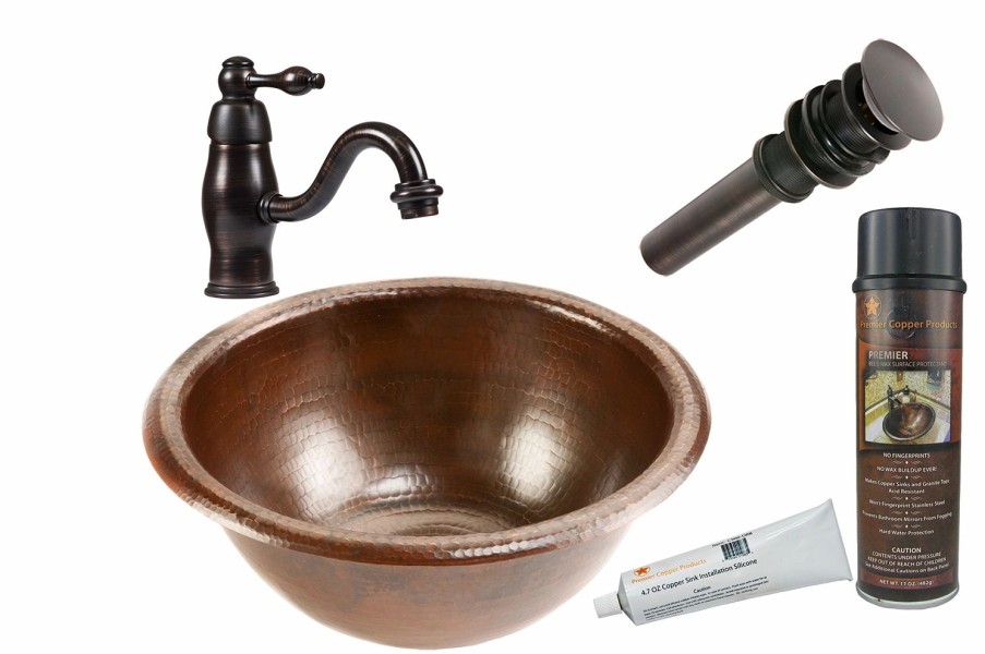 * Premier Copper Products 14-In Round Sink With Faucet And Drain Hammered Copper Bathroom Sinks