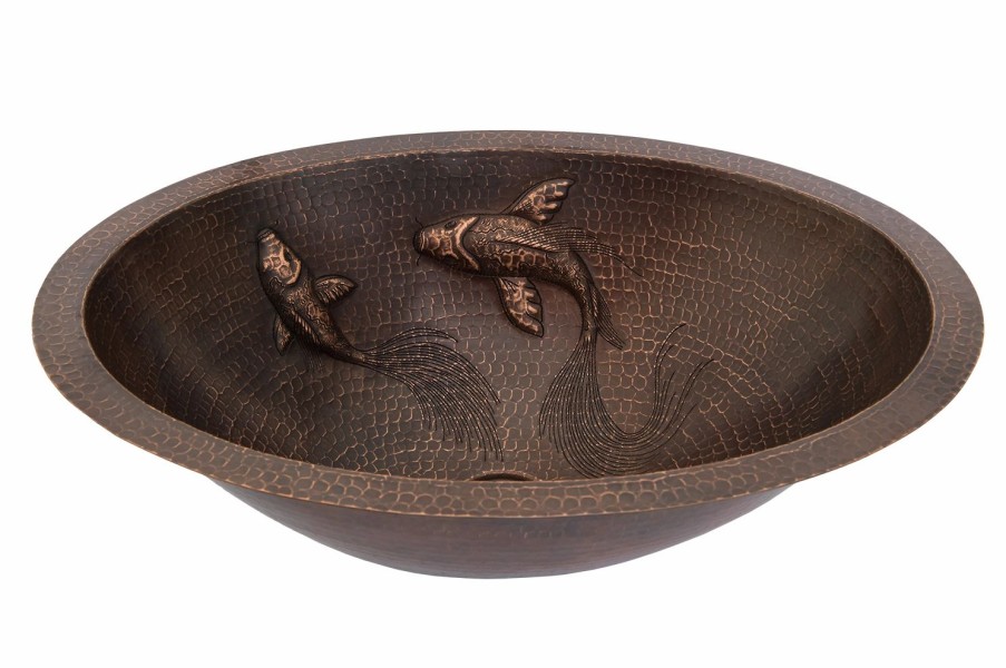 * Premier Copper Products Oval Copper Bathroom Sink With Two Small Koi Fish Design Bathroom Sinks