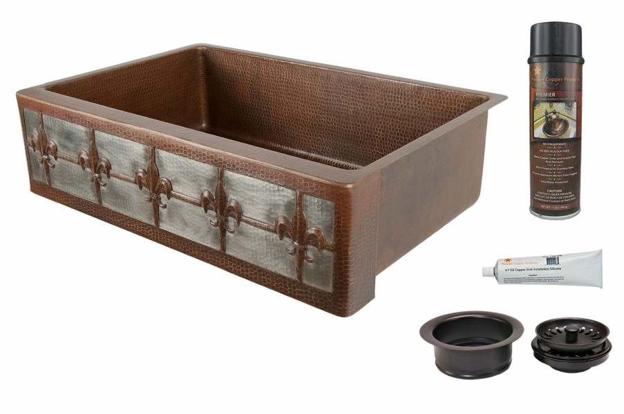 * Premier Copper Products Fleur De Lis Sink With Drain 33-In Copper/Nickel Kitchen Sinks