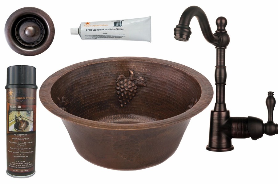 * Premier Copper Products Round Copper Sink With Faucet And Drain 16-In Bar & Prep Sinks