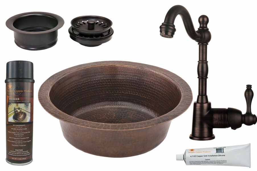 * Premier Copper Products Round Copper Bar Sink With Faucet And Drain 16-In Bar & Prep Sinks