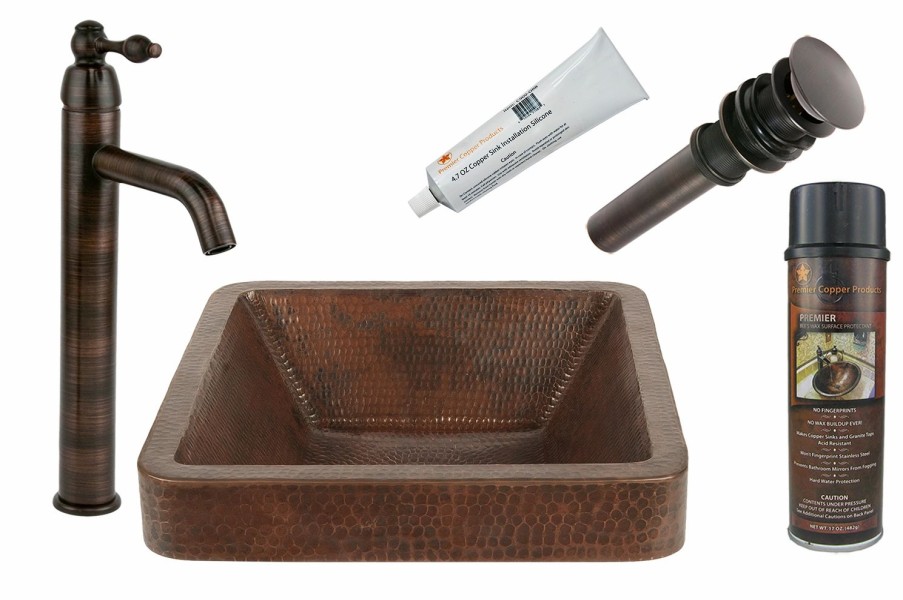 * Premier Copper Products Square Copper Sink With Faucet And Drain Bathroom Sinks