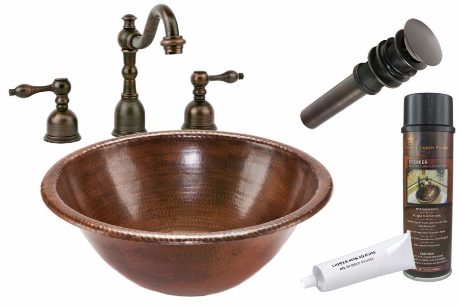 * Premier Copper Products Round Self Rimming Sink With Faucet And Drain Hammered Copper Oil Rubbed Bronze 17-In Bathroom Sinks