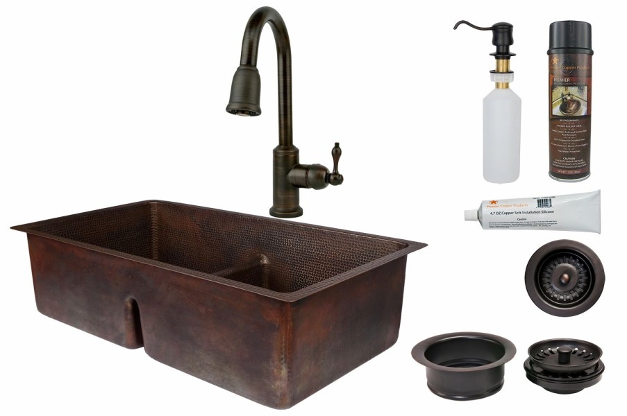 * Premier Copper Products Copper Sink With Faucet And Drain 33-In Kitchen Sinks