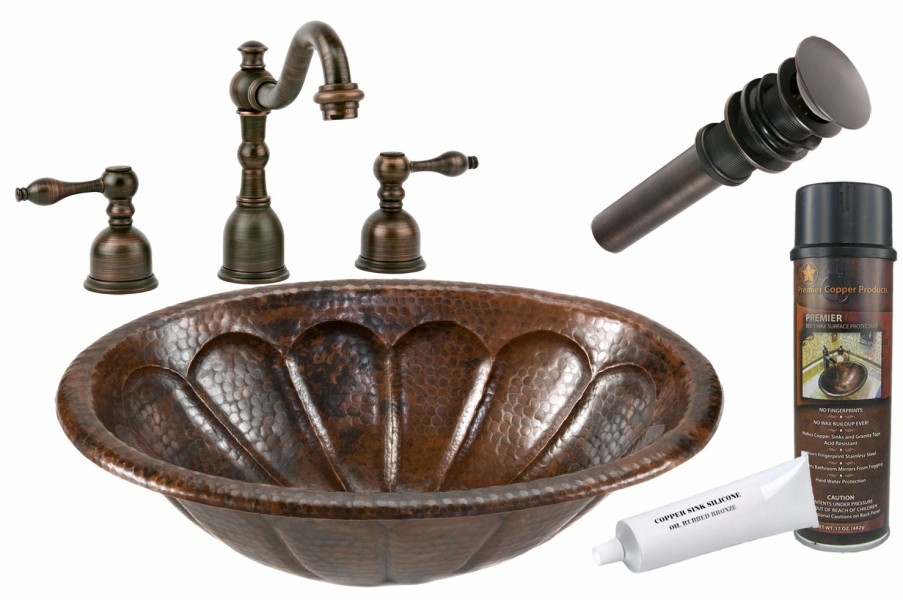 * Premier Copper Products Oval Shelf Rimming Hammered Sink And Faucet Set Copper Bathroom Sinks