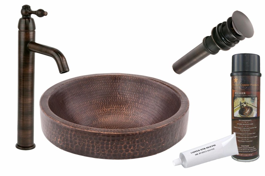 * Premier Copper Products Round Skirted Vessel Sink With Faucet And Drain Hammered Copper Oil Rubbed Bronze 15-In Bathroom Sinks