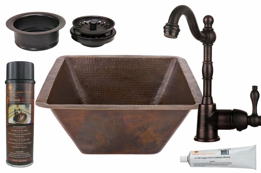 * Premier Copper Products Square Copper Sink With Faucet And Disposal Drain 17-In Bar & Prep Sinks