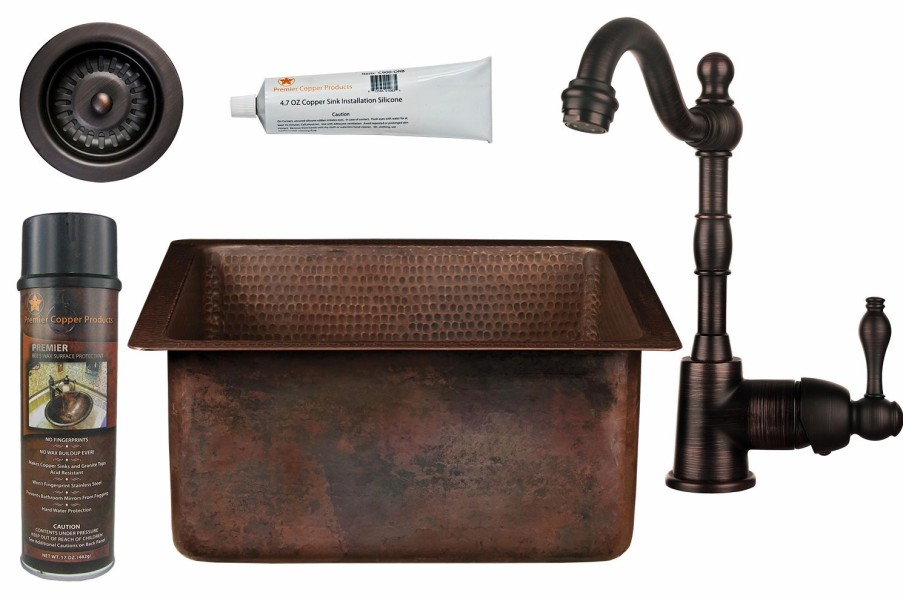 * Premier Copper Products Square Copper Sink With Faucet And Strainer Drain 16-In Bar & Prep Sinks