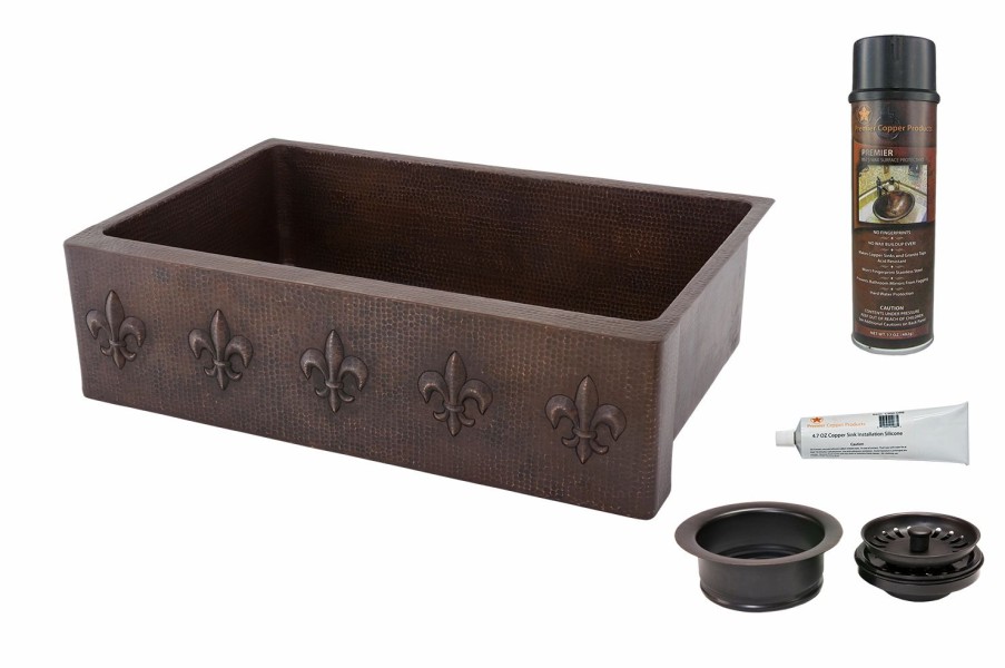 * Premier Copper Products 33-In Copper Apron Fleur De Lis Sink With Drain Kitchen Sinks