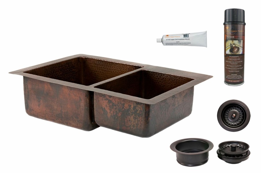 * Premier Copper Products 33-In Copper Double Basin Kitchen Sink With Drain Kitchen Sinks