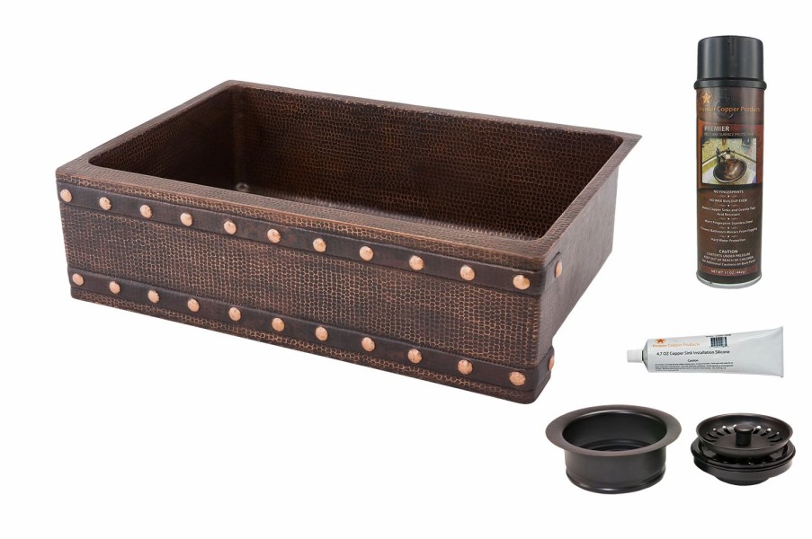 * Premier Copper Products Premier Copper Product 33-In Copper Apron Barrel Strap Sink With Drain Kitchen Sinks