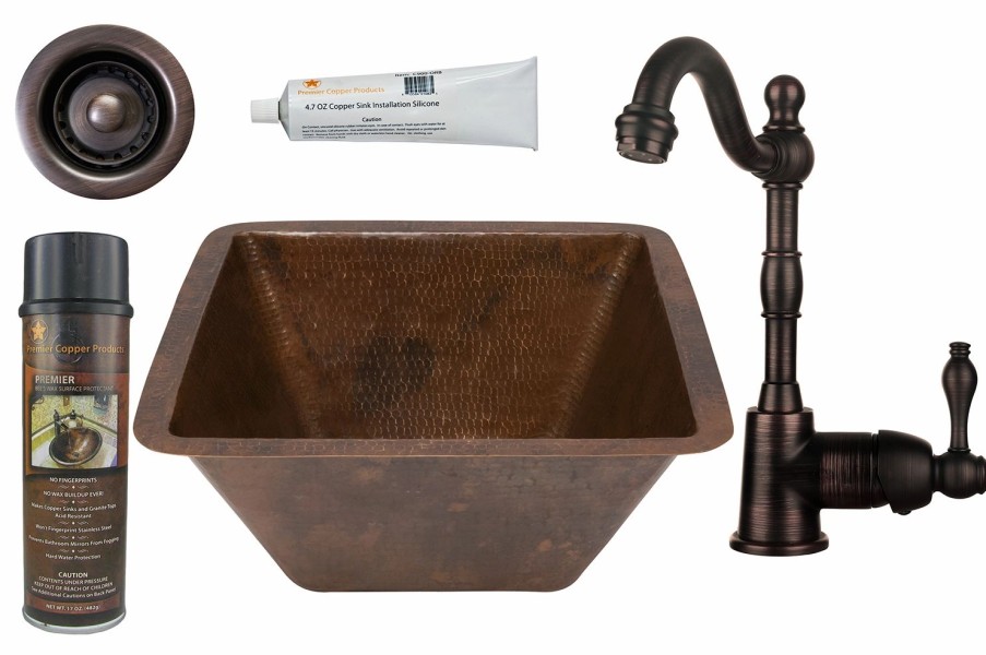 * Premier Copper Products Square Copper Sink With Faucet And Drain 15-In Bar & Prep Sinks