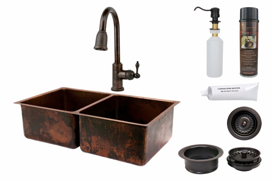 * Premier Copper Products Copper Kitchen Sink With Faucet And Drain 33-In Kitchen Sinks