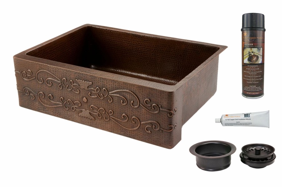 * Premier Copper Products 30-In Copper Apron Scroll Sink With Drain Kitchen Sinks